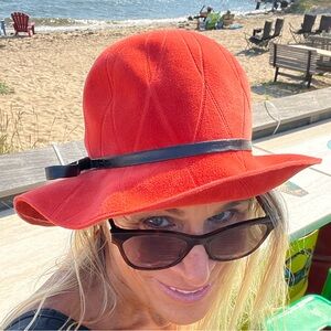 Vintage Borsalino Orange Felt Hat, Narrow Black Patent Leather Hatband with Bow